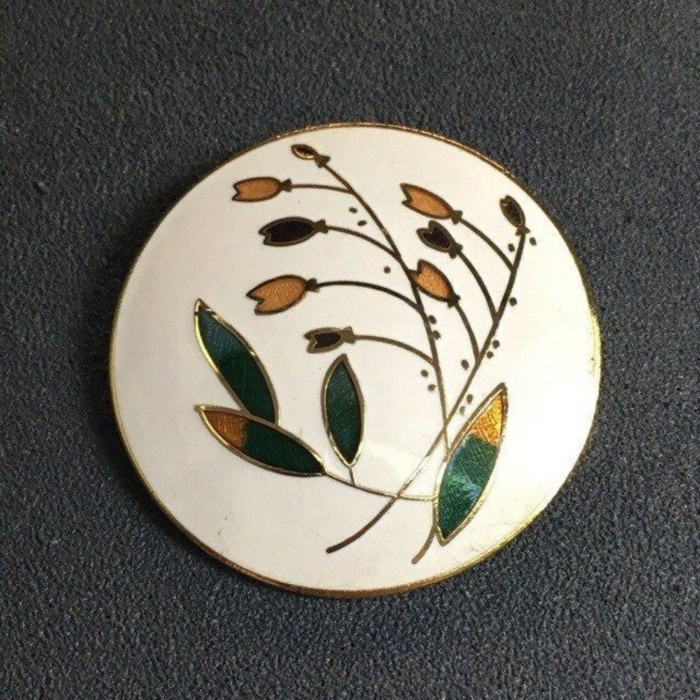 Cloisonné Flower Round Pin Brooch White Multicolor Gold Retro Vintage Boho